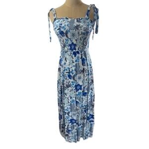 "JAPNA" Smocked Blue Floral Summer Dress SZ  S Maxi Beach Cottage‎ Core Prairie